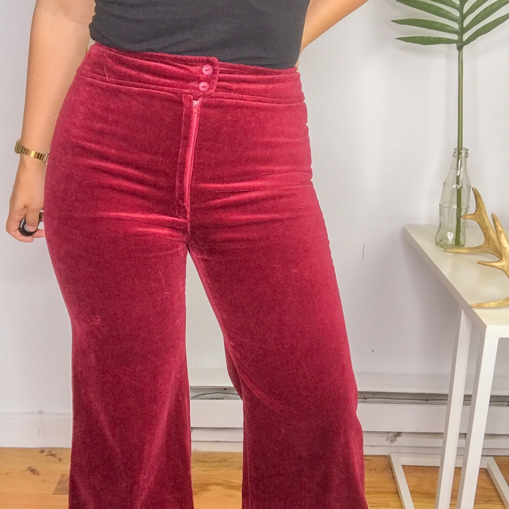 SOLD Vtg 70s Burgandy Velvet High Rise Flare Pants - Picture 6 of 6